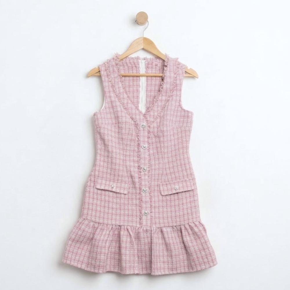 City Studio Coquette Pink Tweed Mini Dress Pearl Buttons Pastel Academia 5/6